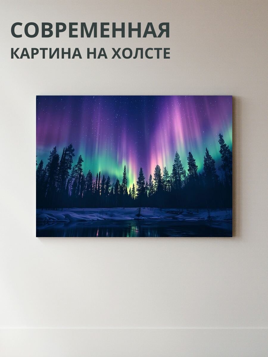 Картина на холсте Северное сияние над деревьями 70x50 см