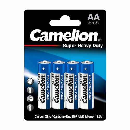 Батарейки солевые CAMELION BLUE SUPER HEAVY DUTY 3215, R6, АА, 1.5В, 960 мАч, упаковка 4шт батарейки солевые аа r6 космос 1 5v 4 шт