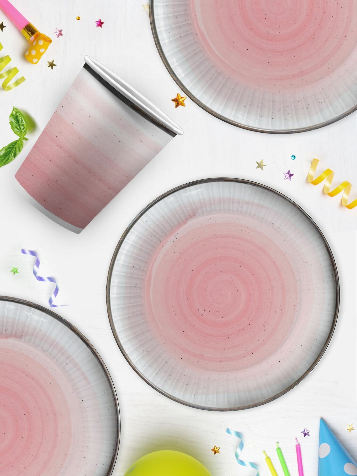 Набор одноразовой бумажной посуды для праздника ND Play / Керамика розовая (тарелка 23 см., тарелка 18 см., стакан, по 18 шт.) - фотография № 5