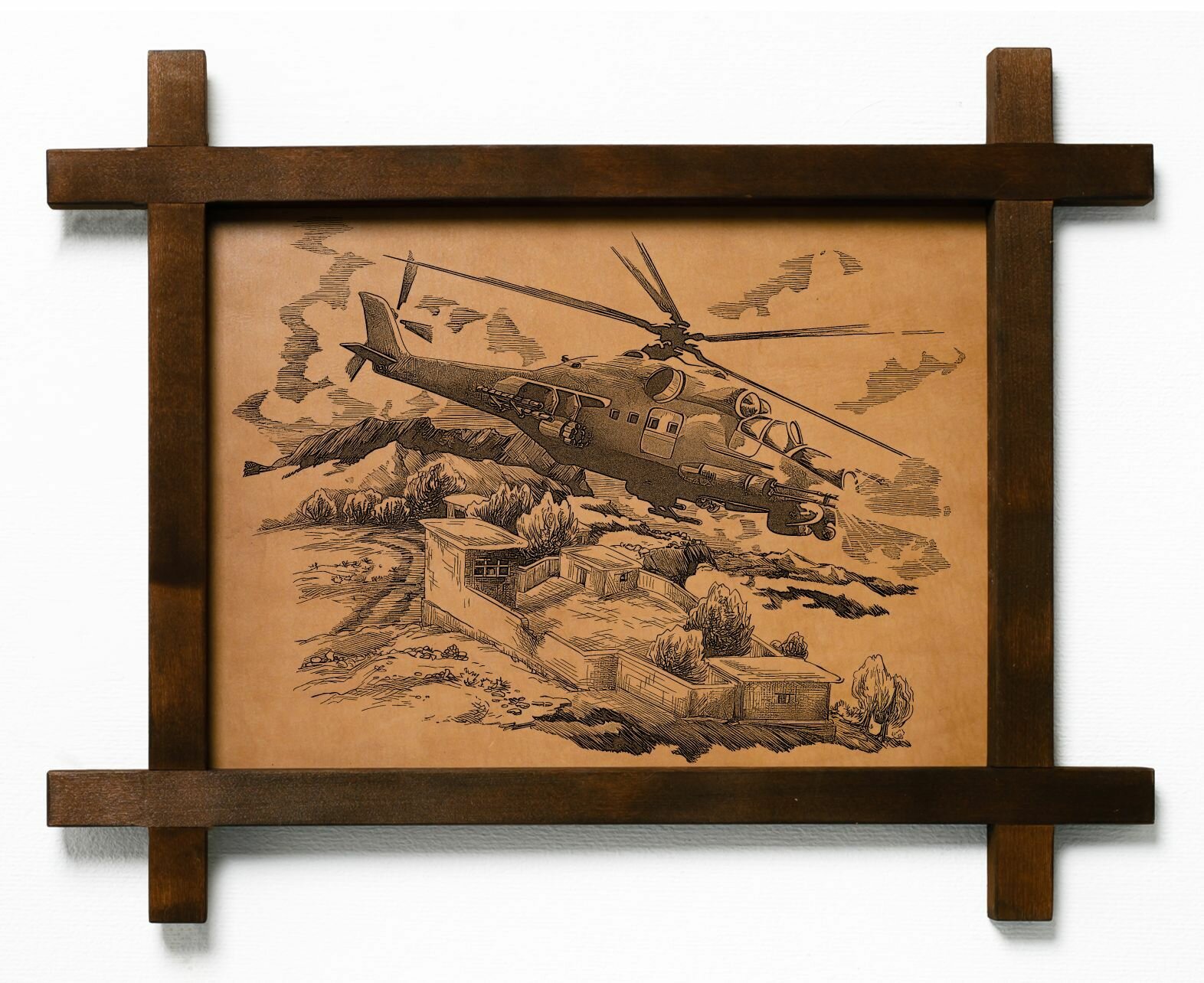Картина "Вертолет", интерьерная для украшения и декора на стену в деревянной раме, подарок, натуральная кожа, BoomGift