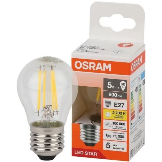 Светодиодная лампа Ledvance-osram Osram LED STAR CL P60 5W/827 220-240V FIL CL E27 600lm