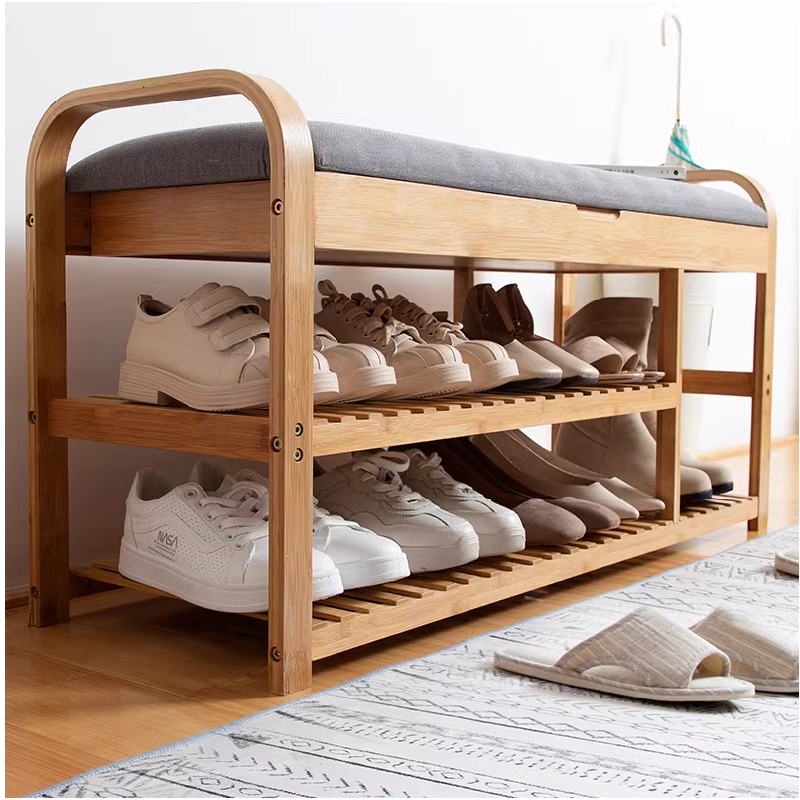 фото Бамбуковая обувница с мягким сиденьем / скамья - полка для обуви LettBrin