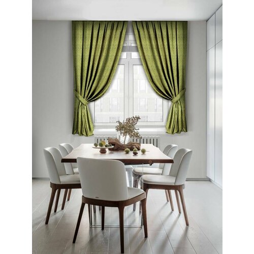 Шторы короткие - комплект из двух портьер ,135х180 см, зеленые с рисунком