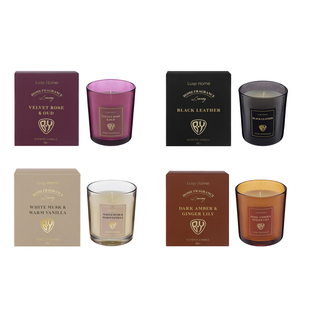 BY Свеча ароматизированная Luxe Home, 135гр, White Musk&Warm Vanilla, Black leather, Velvet Rose, Dark, 4 штуки