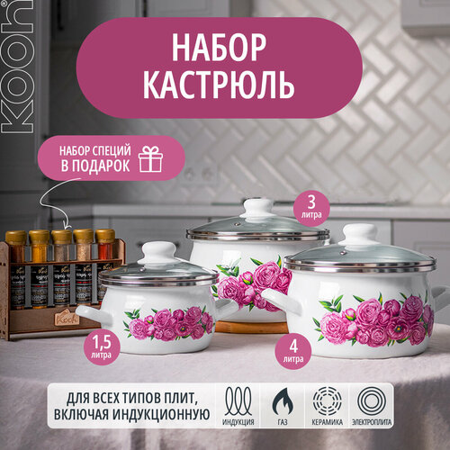Набор кастрюль с крышкой эмалированные для всех типов плит (1,5; 3; 4 л)