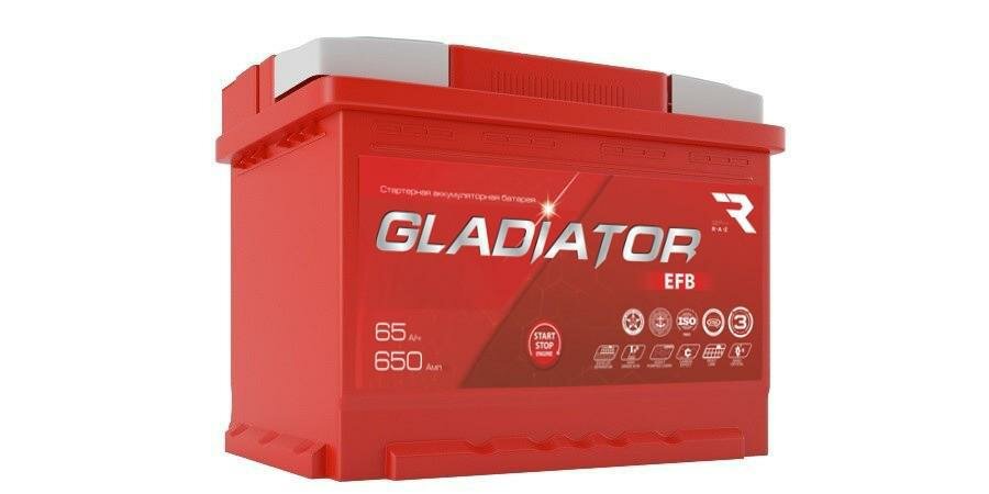 АКБ Gladiator EFB 65 А/ч пусковой ток 650 А прямой полярности тип вывода конус. 242х175х190 от официального дистрибьютора, производитель - GLADIATOR, артикул GEF6510