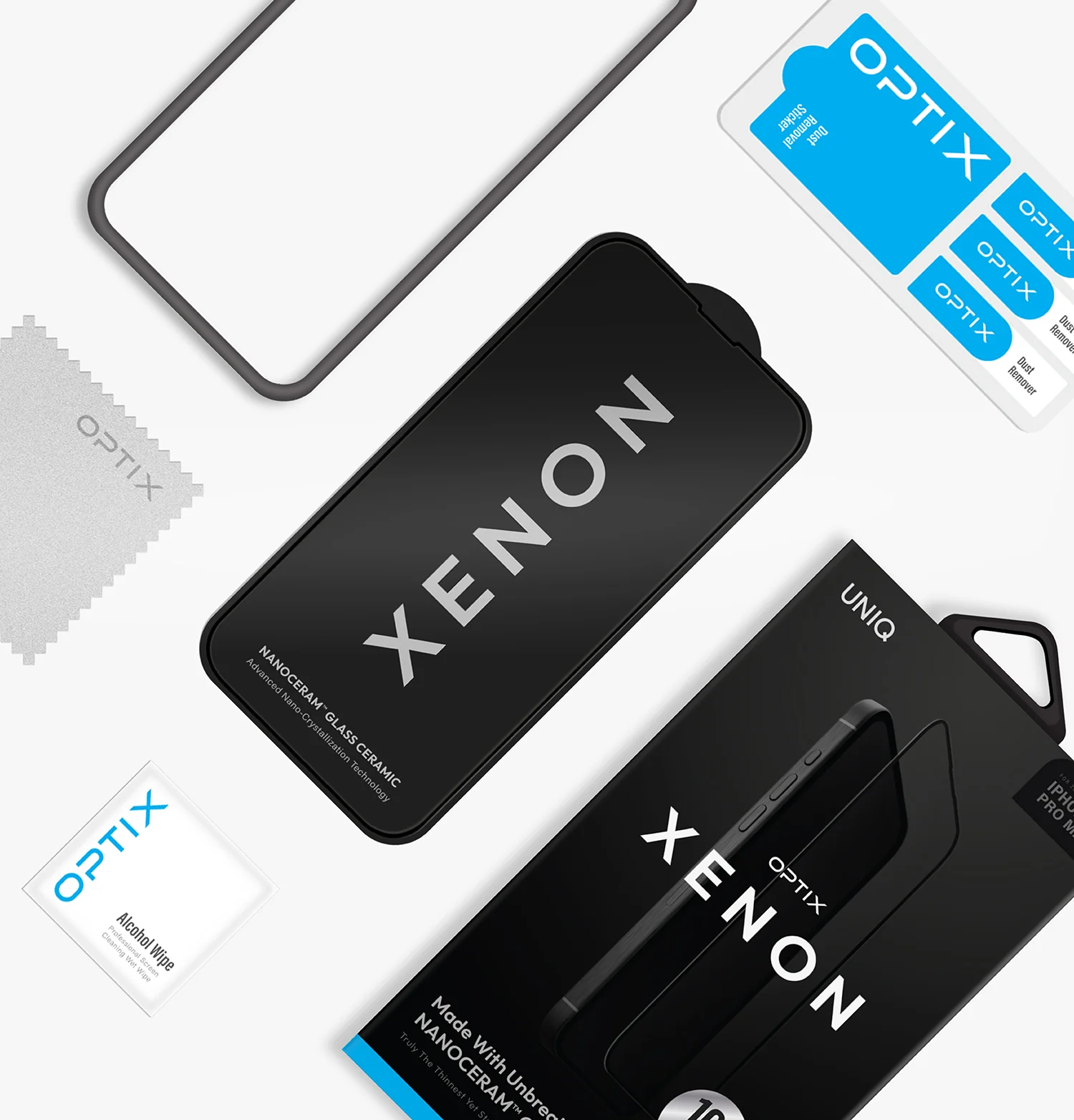 Защитное стекло Uniq OPTIX XENON NANOCERAM для IPhone 16 Pro 6.3", прозрачное с рамкой (нанокерамика) — фото 1