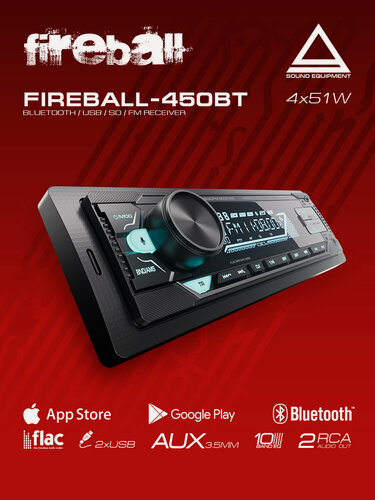 Изображение товара Автомобильный USB/SD-ресивер AurA FIREBALL-450BT, 4 канала, Bluetooth, 1DIN, 12V