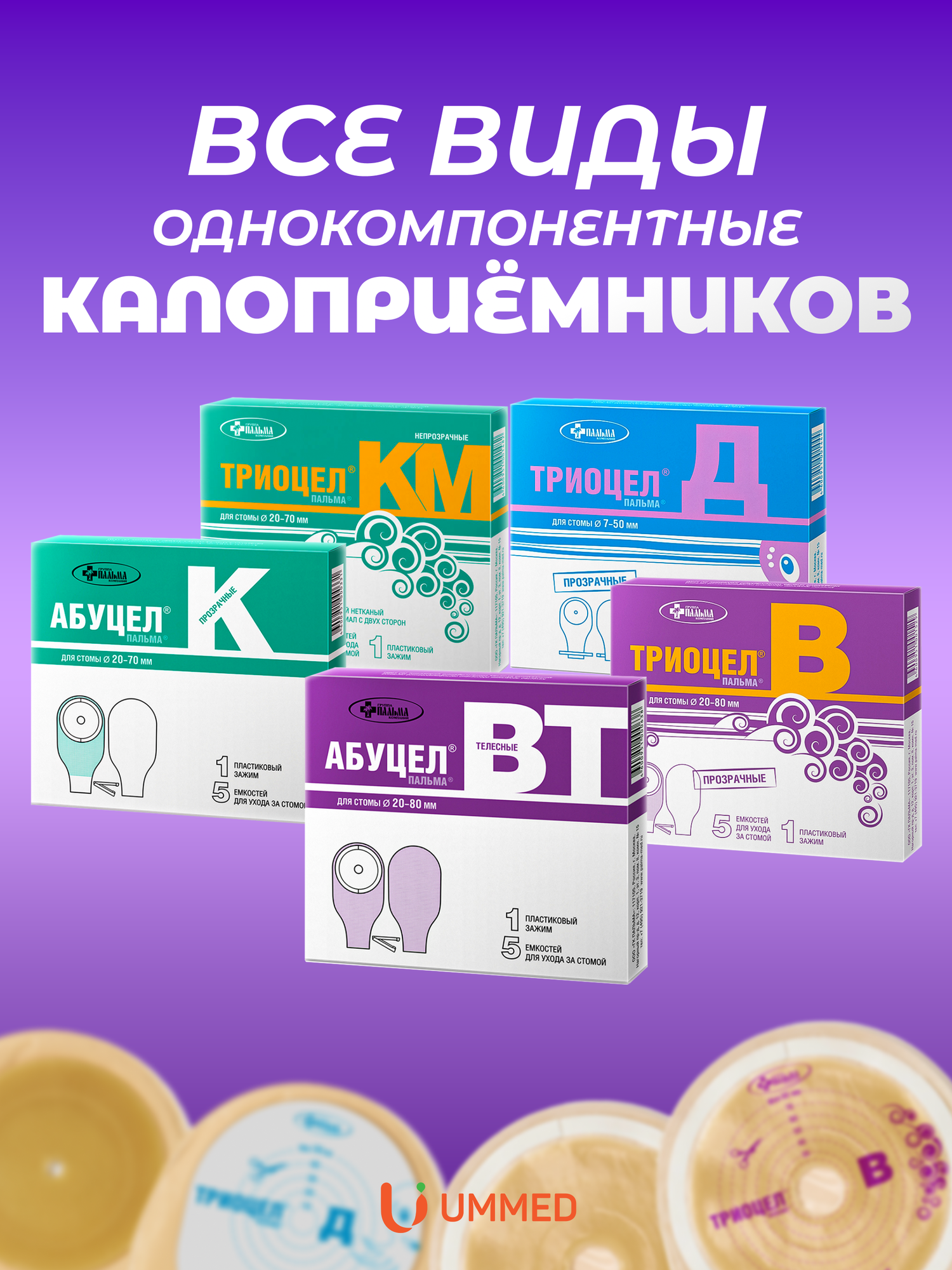 Калоприёмники ТРИОЦЕЛ и АБУЦЕЛ — все размеры стом: от 20 до 80 мм (детский: 7 до 50 мм) | 5 шт