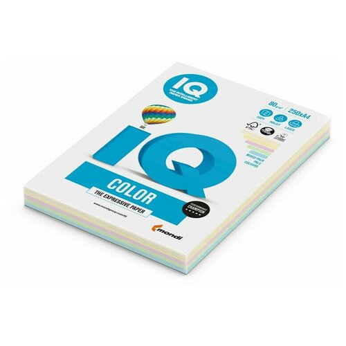 Бумага цветная IQ COLOR (А4, 80г, 5цв. пастель по 50л. ) пачка 250л.