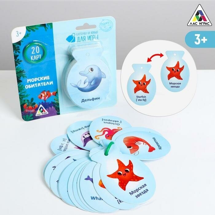 ЛАС играс Карточки на кольце для изучения английского языка «Морские обитатели», 20 карт, кольцо, 3+