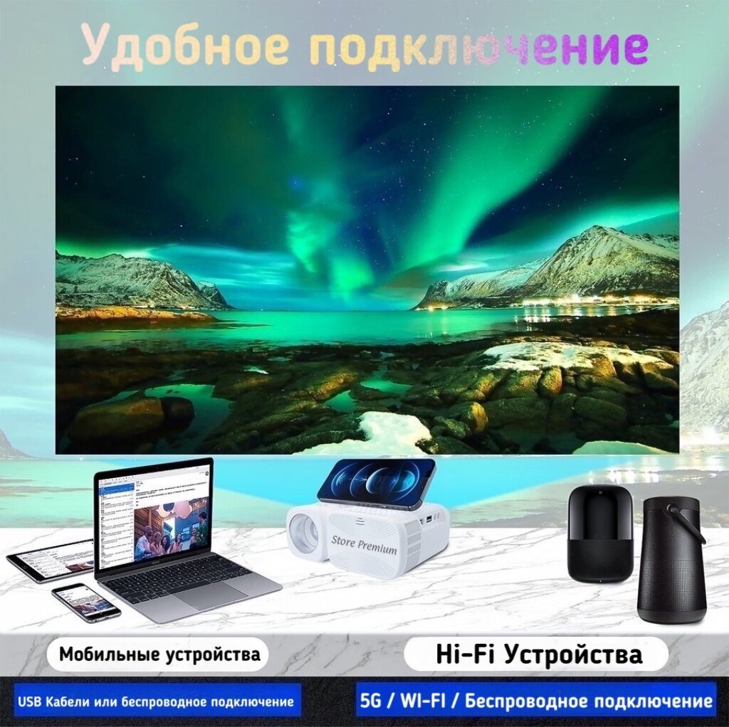 Проектор для просмотра фильмов Store Premium T5R (Wi Fi + Подключение к Телефону) / Проектор для офиса / Видео проектор 4 К Full HD для дома