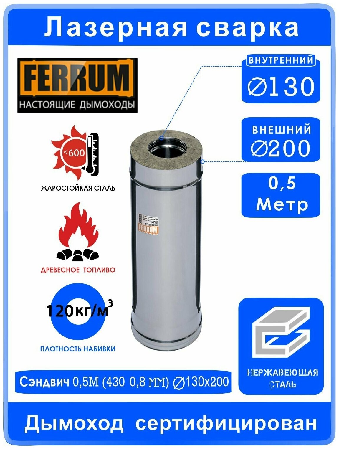 Сэндвич 0,5м (430/0,8мм + нерж.) Ф130х200 FERRUM - фотография № 6