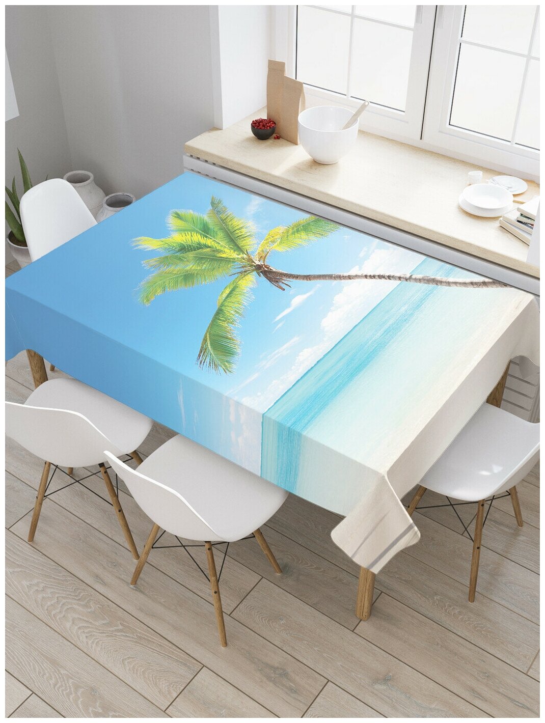 Прямоугольная водоотталкивающая скатерть на стол JoyArty с рисунком "Кокосовая пальма" 120 на 145 смголубой, зеленый, желтый