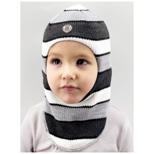 Шапка-шлем для мальчика бушон, цвет белый+св.серый+т.серый, размер 52-54