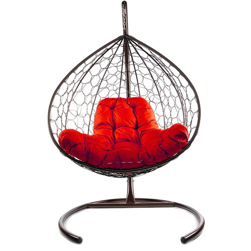 Подвесное кресло из ротанга XL коричневое с красной подушкой M-Group
