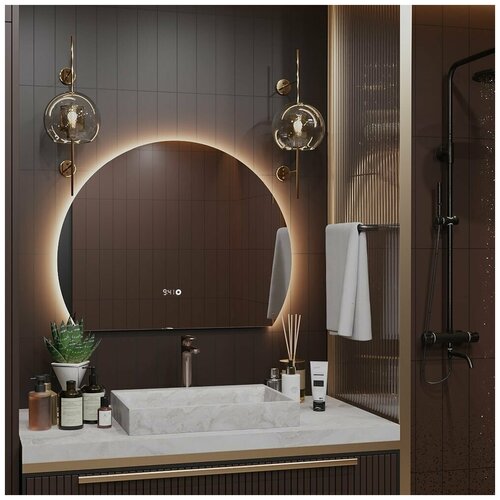 Зеркало Дафна 120*80 с тёплой LED-подсветкой и часами обрез снизу