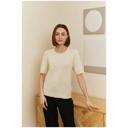 Джемпер VasilisaV cashmere, кашемир, короткий рукав, свободный силуэт, вязаный, размер S, белый, бежевый