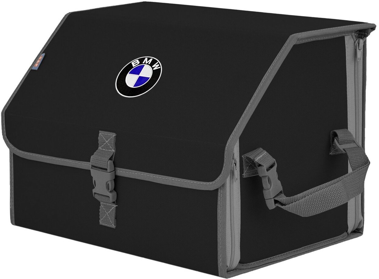 Органайзер-саквояж в багажник "Союз" (размер M). Цвет: черный с серой окантовкой и вышивкой BMW (БМВ).