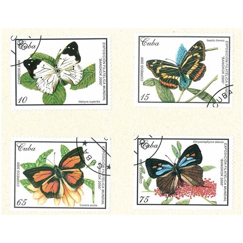 Набор почтовых марок Кубы, серия бабочки, 4 шт, гашёные, 2000 г. в. набор почтовых марок кубы серия мотоциклы 10 шт гашёные 1985 2009 г в