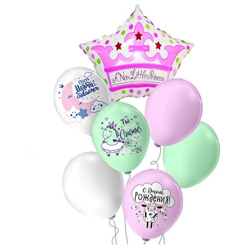 фото Набор воздушных шаров букет новорожденные little princess 7 шаров (1 фольга + 3 латекс с рис + 3 латекс б/рис) микрос. территория праздника
