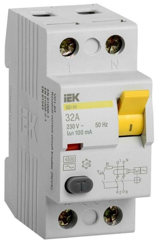 Выключатель дифференциального тока (УЗО) 2п 32А 100мА тип AC ВД1-63 IEK MDV10-2-032-100 (1 шт)