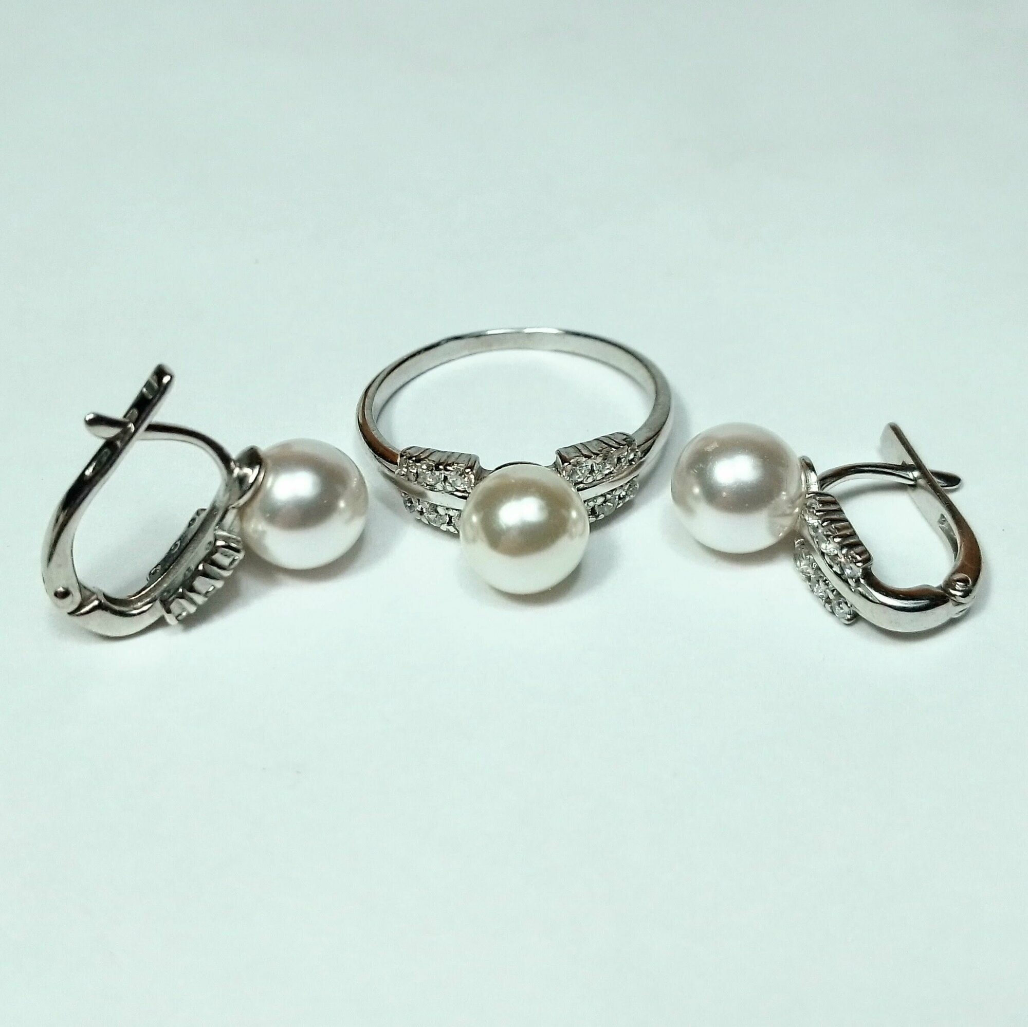Ювелирный комплект: кольцо, серьги, серебро, 925 проба, родирование, фианит, жемчуг