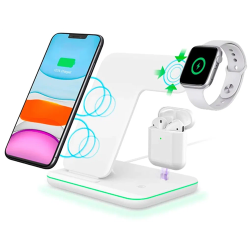 Беспроводная зарядная станция 3в1 для iPhone+iWatch+AirPods / 15W Быстрая зарядка / Белая