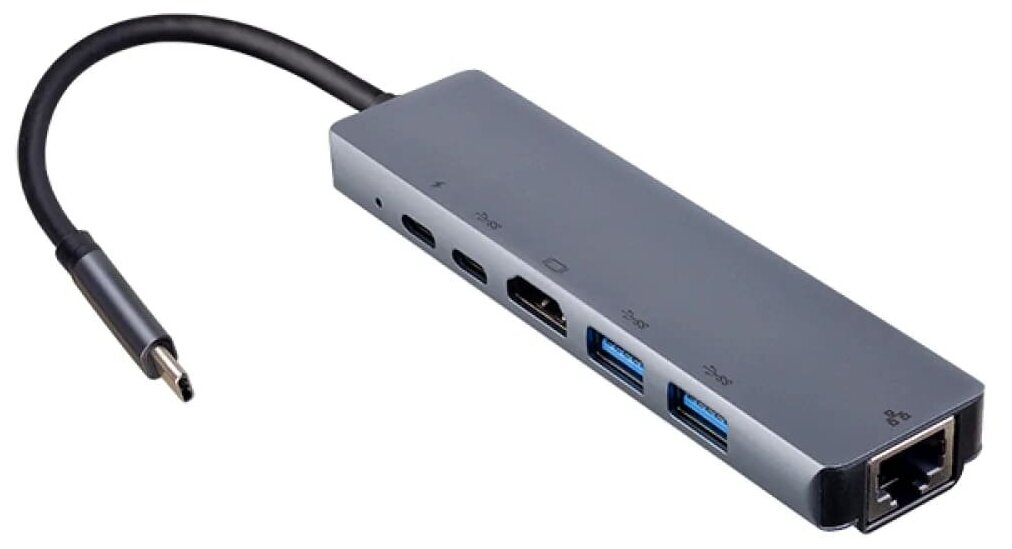 Perfeo, Док-станция, USB Type-C 6 in 1 (PF-Type-C-13) (6-in-1 USB Type-C docking station to 1x USB-C 60WPD, 1x USB-C data transfer, 1xHDMI A, 1x RJ45, 2x USB 2.0 A.)