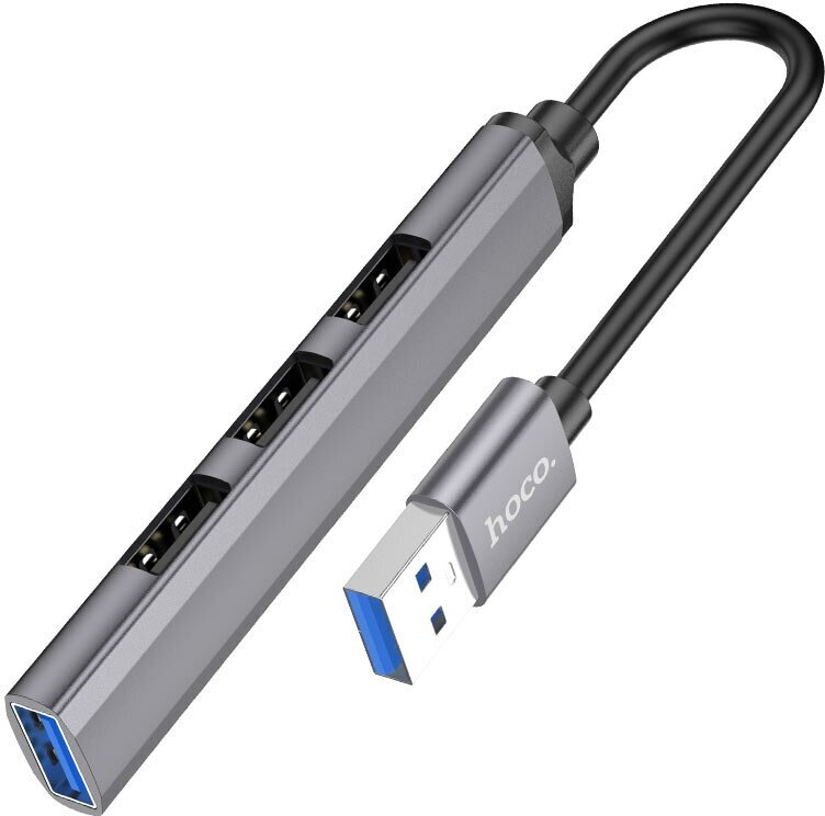 HUB адаптер Hoco HB26 USB 4 in 1 USB to USB3.0 + USB2.0*3 металлический корпус13 см кабель Темно-Серый