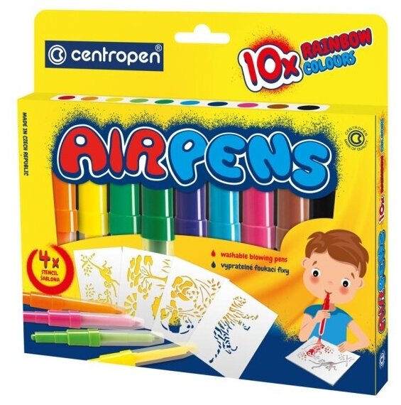 Фломастеры воздушные Centropen AirPens Rainbow, 10цв.+4 трафарета