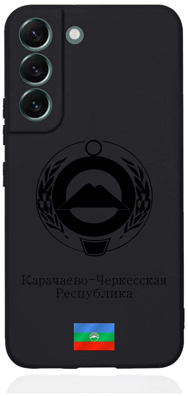 Черный силиконовый чехол для Samsung Galaxy S22+ Черный лаковый Герб Карачаево-Черкесской Республики
