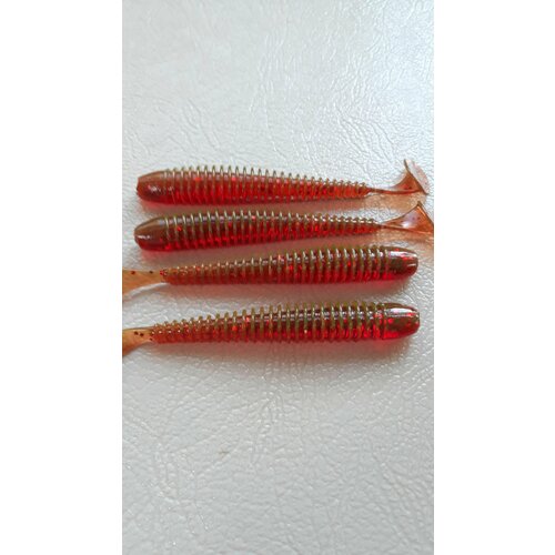 фото Мягкая силиконовая приманка свинг (ribbed worm) 102мм,6шт моторное масло (motor oil red flake). нет бренда