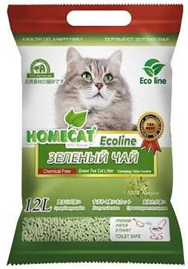 Наполнитель для кошачьих туалетов Homecat «Эколайн» Зеленый чай, комкующийся с ароматом зеленого чая 12 л