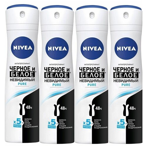 Дезодорант-антиперспирант спрей для тела Nivea Pure невидимая защита для черного и белого женский 150 мл, 4 упаковки