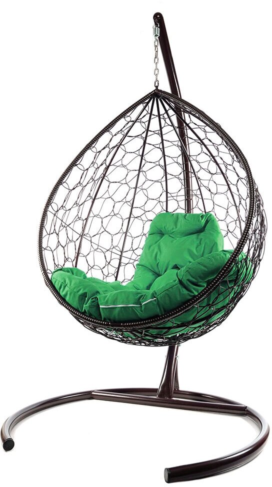 Подвесное кресло из ротанга "Капля" коричневое с зелёной подушкой M-Group