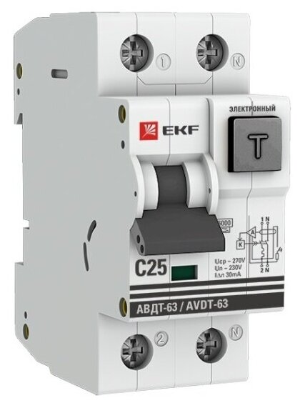 Дифференциальный автомат Ekf 2п C 25А 30мА тип A 6кА АВДТ-63 2мод. электрон. PROxima DA63-25-30e