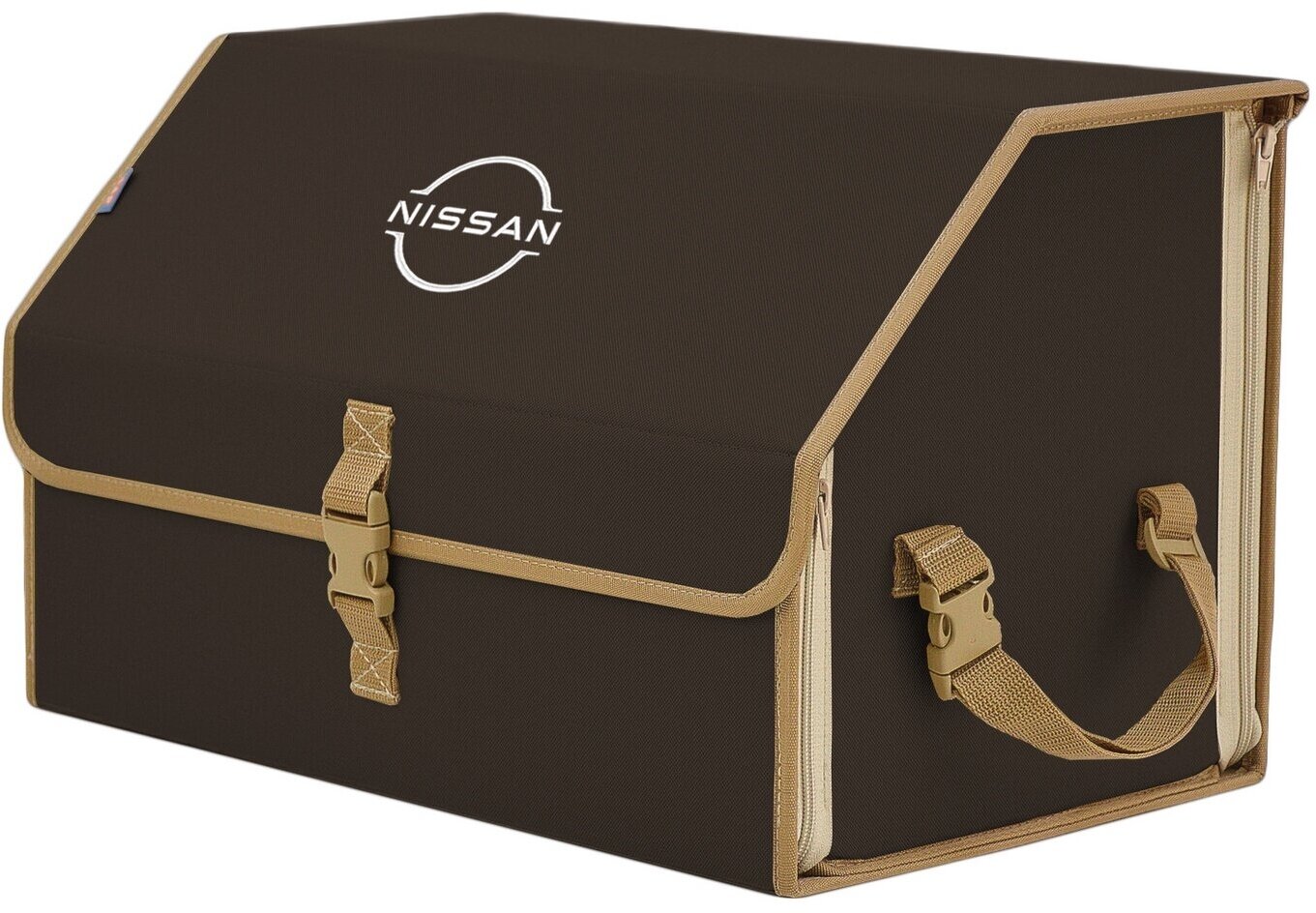 Органайзер-саквояж в багажник "Союз" (размер L). Цвет: коричневый с бежевой окантовкой и вышивкой Nissan (Ниссан).