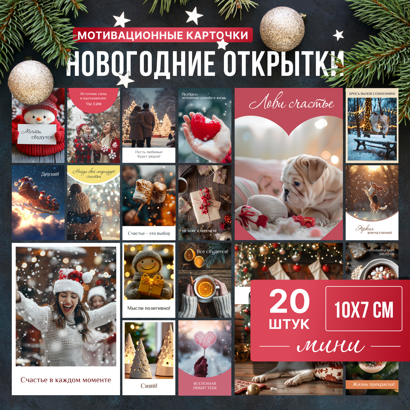 Новогодние мотивационные открытки мини 2025 набор, карточки с пожеланиями