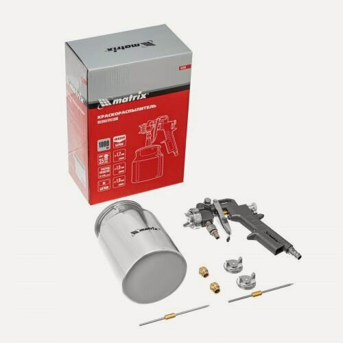 Изображение товара Краскораспылитель пневматический Matrix 57316 с нижним бачком V 1, 0 л, сопло D 1.2, 1.5 и 1.8 мм