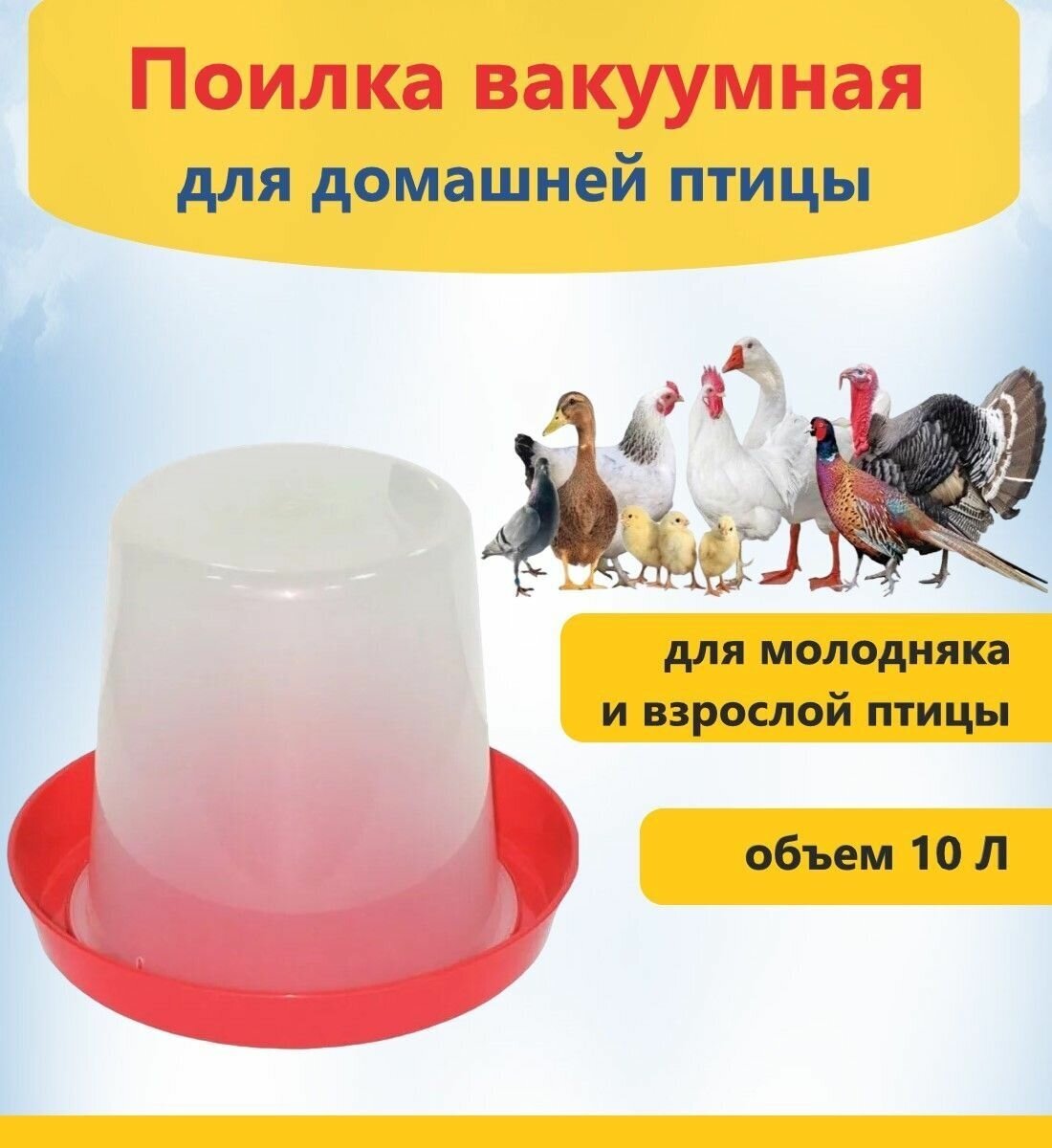 Поилка для домашней птицы объём 10 литров, вакуумная поилка подойдет для выращивания молодняка или взрослой птицы