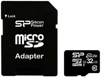 Карта памяти Silicon Power ELITE microSDHC UHS Class 1 Class 10 + SD adapter 32 GB, чтение: 85 MB/s, запись: 15 MB/s, адаптер на SD, черный