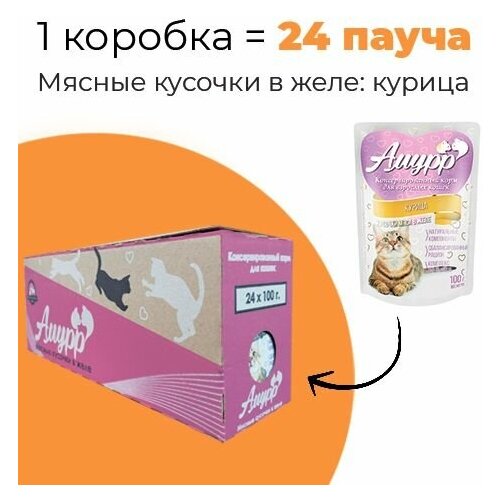 Упаковка 24 пауча для кошек амурр Курица в желе а плюс е вит капсул 330мг 60 renewal