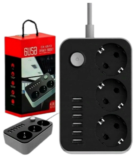 Удлинитель сетевой с Евророзетками 3 шт/ 6 USB быстрая зарядка / Стабилизатор напряжения до 2500W/ Черный - фотография № 10
