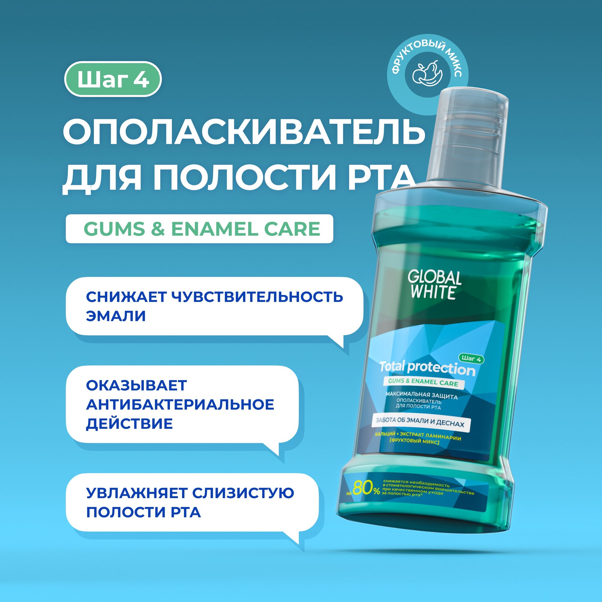 фото Ополаскиватель для полости рта GLOBAL WHITE "Максимальная защита. Забота об эмали и деснах" / FRUIT MIX / 300 мл