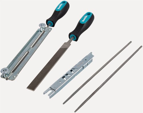 Изображение товара Набор для заточки цепи: напильник круглый 4 мм х 2шт, плоский, шаблон, рукоятки, сумка Makita D-72154