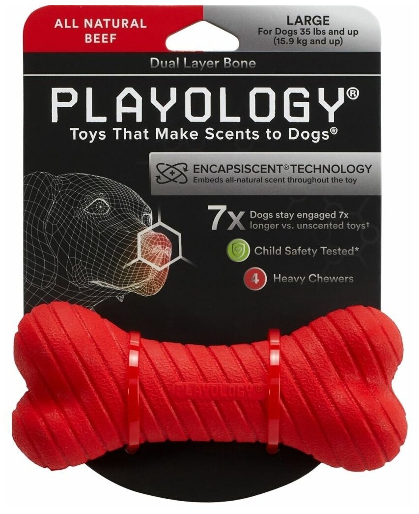 Игрушка Playology двухслойная жевательная косточка для собак DUAL LAYER BONE с ароматом говядины, большая, красный - фотография № 9