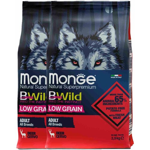 Monge Dog BWild LOW GRAIN низкозерновой корм из мяса оленя для взрослых собак всех пород 2,5 кг х 2шт.