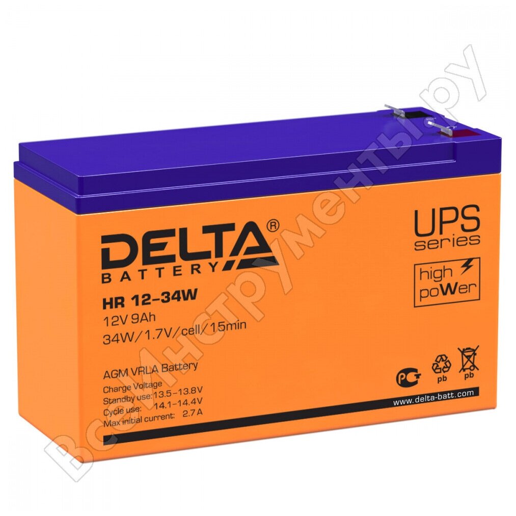DELTA Аккумулятор Delta HR 12-34 W 12В 9Ач 151x65x100 мм Прямая (+-)