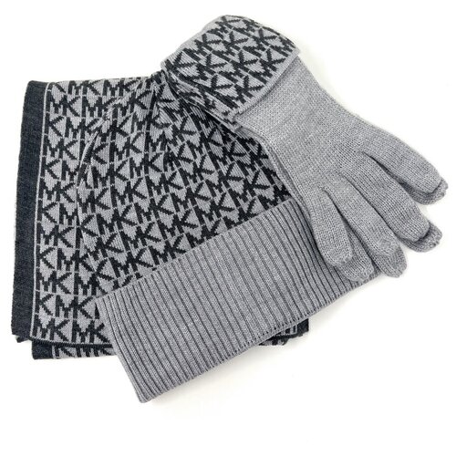 Сет MICHAEL KORS O/S шарф, шапка и перчатки серый с черным лого